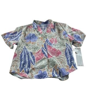 Koret Petites Vintage Tropical Floral Button Front Blouse Large Short Sleeve L